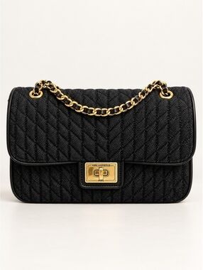 Karl Lagerfeld Agyness Large Black Quilted Denim Chain Shoulder Bag Purse